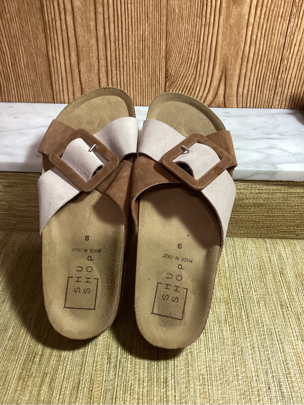 ShuShop Women's Two-Tone Tan & Cream Buckle Slide Sandals Ortho